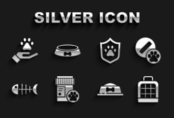 Set Dog medicine bottle, pill, Pet carry case, food bowl, Fish skeleton, Animal health insurance, Hands with animals footprint and icon. Vector