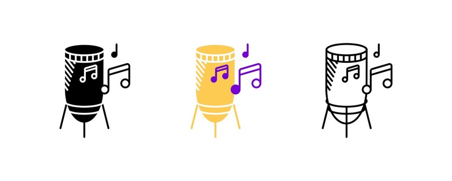 Percussion and musical notes icon set. Entertainment and music icon. Set of percussion instruments. Editable row set. Silhouette, colored, linear icon set.