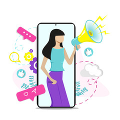 Woman shouting in loud speaker . Social media marketing concept and blogger influencer vector illustration. Flat vector illustration.