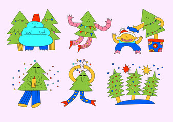 set of stickers for Christmas - a Christmas tree is dancing, jumping, having fun, giving gifts. Merry New Year character. Psychedelic spruce tree.
