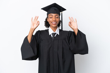 Young university graduate African American woman isolated on white background in zen pose