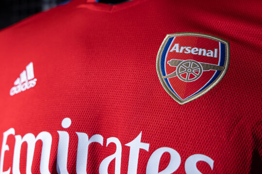 Close-Up on Logo of  Arsenal Football Club on an official 2021 jerseys