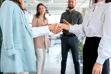 Business handshake and business people. Close-up photo of female hands, agreement. side view portrait of people in formal wear in office, successful partnership. colleagues in the background