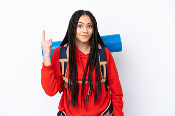 Hiker teenager girl with braids over isolated white background pointing with the index finger a great idea