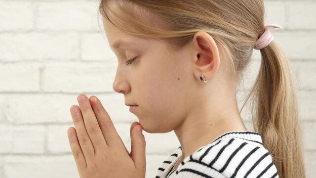 Kid Praying Before Eating Breakfast in Kitchen, Faithful Prayer Child Preparing Eat Meal, Girl Religious at Home, Religion