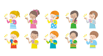 スマホの画面を見ながら挨拶する世界の子供達のイラスト