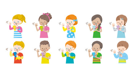 スマホの画面を見ながら挨拶する世界の子供達のイラスト