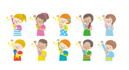 スマホの画面を見ながらガッツポーズする世界の子供達のイラスト