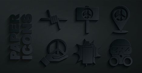 Set Hand grenade, Location peace, Peace, Gas mask, and Barbed wire icon. Vector