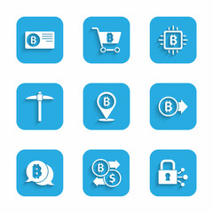Set Bitcoin, Cryptocurrency exchange, Lock with bitcoin, Pickaxe, CPU mining farm and Credit card icon. Vector