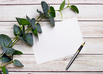 On a light wooden table, there is a eucalyptus branch, a fountain pen and a sheet of paper with a place to insert text. Mockup