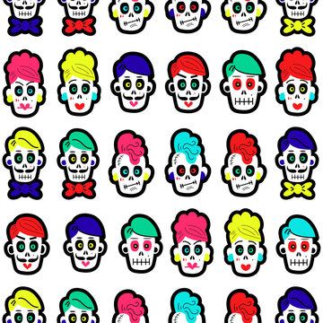 Seamless pattern with bright colorful funny skulls. Background for Halloween and the Day of the Dead. a pattern with sugar skulls. Vector illustration