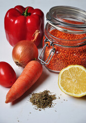 Ingredients for Lentil Soup. Blushing lentils, carrots, onions, bell peppers, paprika, tomato, spices, lemon