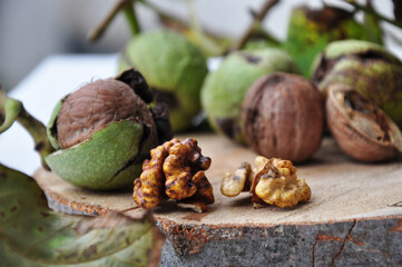 Walnut kernels and whole.
Green unripe walnuts. Green leaves and unripe walnut. Walnut fruits. Raw walnuts in a green shell. Ripe walnut tree nuts.