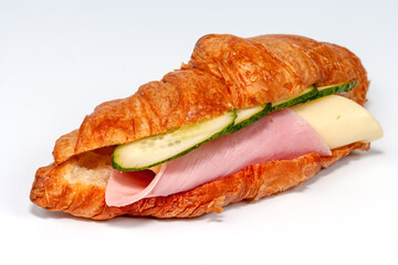 Croissant with ham and cheese, European breakfast. Croissant sandwich set, on white background
