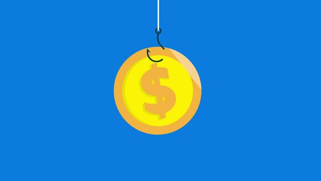 Coin on hook animation. Dollar bait.dollar Coin on Fishing hook.motion animation.