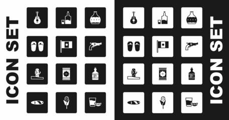 Set Tequila bottle, Mexico flag, Flip flops, Mexican guitar, Revolver gun, and glass, and Cactus icon. Vector