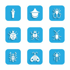 Set Beetle bug, Butterfly, Spider, Cockroach, deer, Mite, Insect and Larva insect icon. Vector