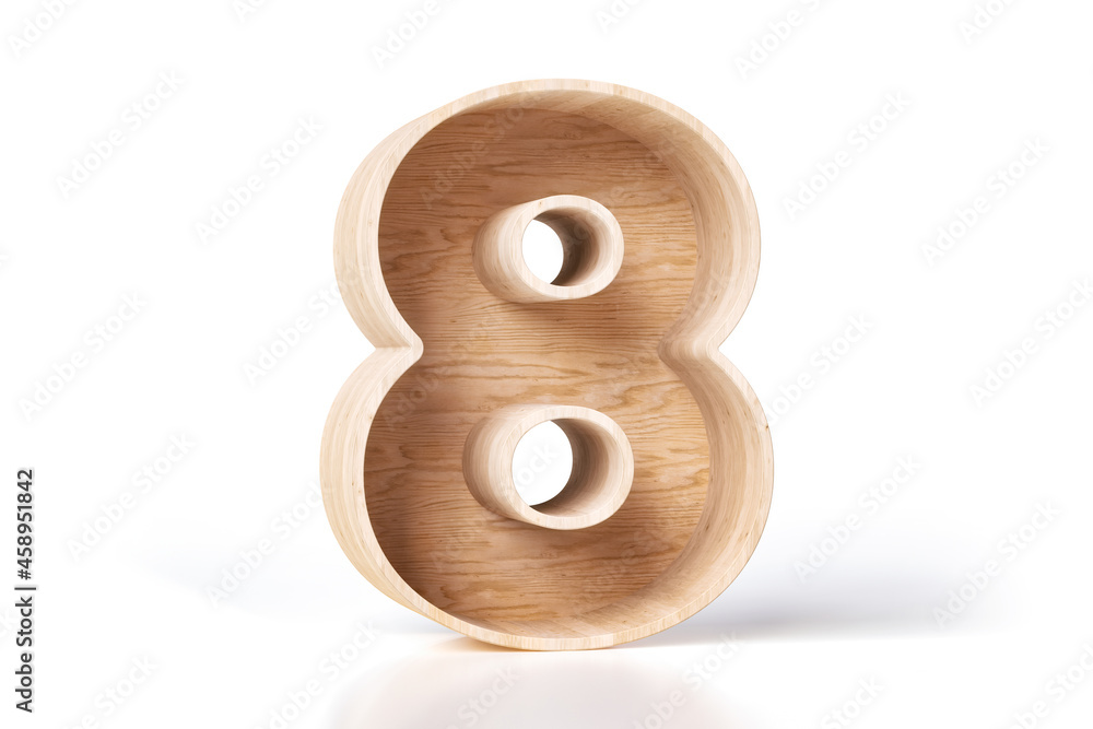 Poster wooden box in the shape of number 8. isolated 3d wood font on white background. high quality 3d rend