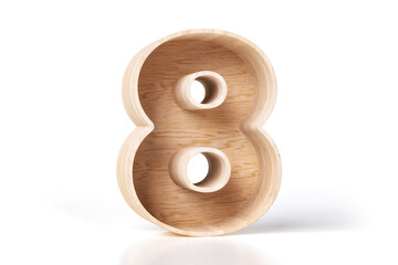 Wooden box in the shape of number 8. Isolated 3d wood font on white background. High quality 3D rendering.