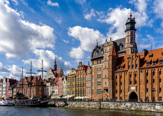 view of the Motlawa River waterfront in the historic Old Town of Gdansk