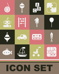 Set Tic tac toe game, Sword toy, Balloons with ribbon, ABC blocks, Abacus, Robot, Yoyo and Toy horse icon. Vector