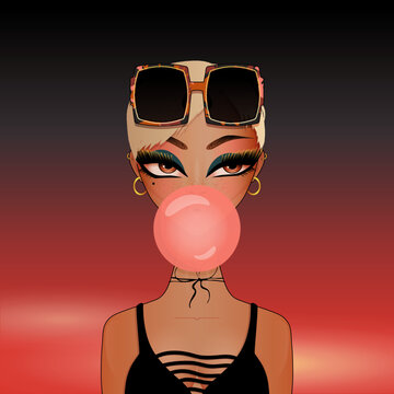 Vector illustration of cute girl character blowing pink bubblegum at sunset. 