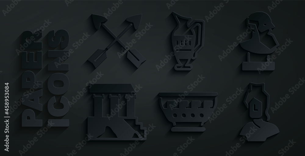 Sticker Set Greek ancient bowl, Ancient bust sculpture, Parthenon, amphorae and Crossed arrows icon. Vector