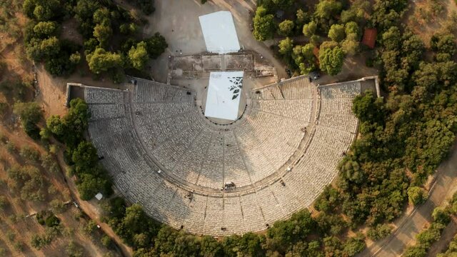 Top View Of The Ancient Theatre of the Asklepieion at Epidaurus In Tripolis, Greece. aerial