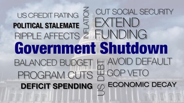 Government Shutdown Animated Tag Word Cloud,Text Design Animation with US Capitol time lapse background
