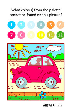 Visual puzzle with picture palette. Retro classic red car, driver and his best friend pet dog. 
