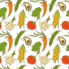 Funny vegetables. Seamless Pattern in kids style. Illustration for fabric, wrapping, textile, wallpaper, apparel. Vector.