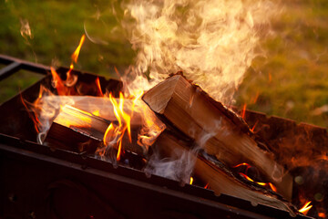 The fire burns in the grill with wood, smoke.