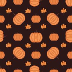 Seamless pattern with pumpkin and maple leaves. Cartoon vector food vegetable. Concept holiday illustration. Happy Halloween. Harvesting. Print for fabric, paper or wrapping