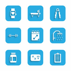 Set Calendar fitness, Fitness club, gym card, Sport training program, Shower head, Sports nutrition, Barbell, expander and Smart watch icon. Vector