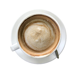 top view of coffee in a white ceramic cup isolated on white background with clipping path