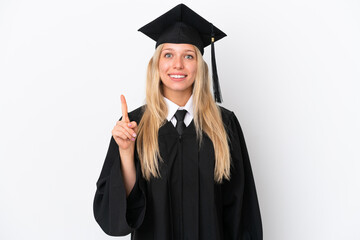 Young university graduate caucasian woman isolated on white background showing and lifting a finger in sign of the best