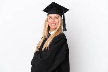 Young university graduate caucasian woman isolated on white background with arms crossed and happy