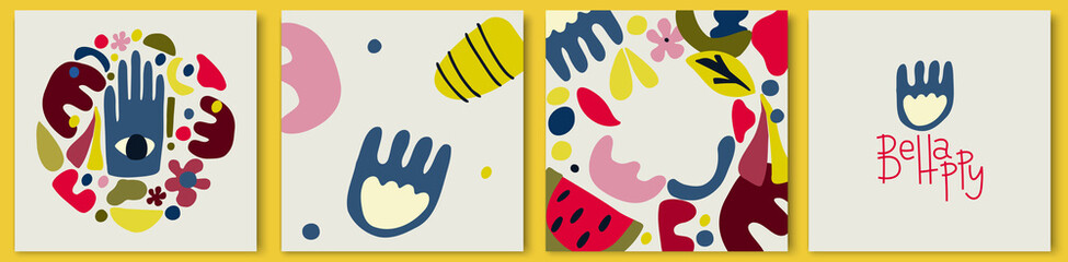 Set of Autumn abstract square cards with a hand and an eye and the phrase be happy. Fall banner design with organic shapes in retro palette colors