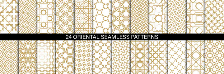 Vector set of 24 golden ornamental seamless patterns. Collection of geometric patterns in the oriental style. Patterns added to the swatch panel.