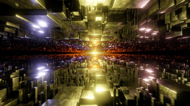 Abstract technological background. Flight through Square shaped Neon tunnel. Futuristic glow sci-fi VJ Loop. 3d render.