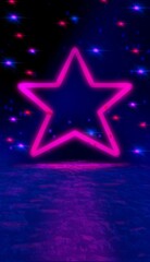 Neon sign. Stars sky. Night club. Neon social media post. Glowing background. A virtual reality. Arcade game background.