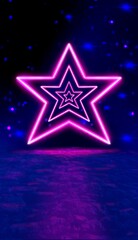 Fototapeta premium Ultraviolet neon star shape, glowing lines, publication in history. A virtual reality. Arcade game background. Purple neon shapes. A pink-blue spectrum of vivid colors.