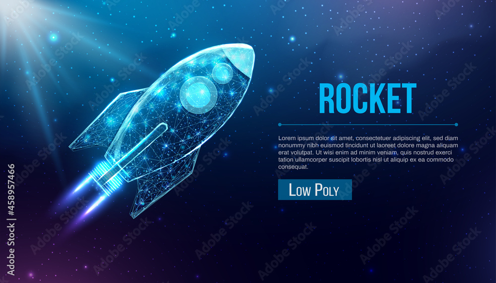Poster wireframe polygonal rocket. internet technology network, business startup concept with glowing low p
