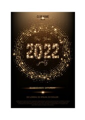New year disco party invitation. Nightclub flat editable flyer. Winter holidays celebration. Glowing festive lights in dance circle shape and in 2022 numbers form. Vector illustration.