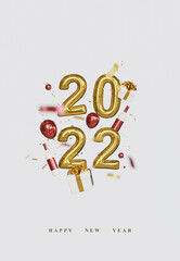 Naklejka na ściany i meble Happy New Year 2022. Celebrate party 2022, Golden Number, Web Poster, banner, cover card, layout design. 3D Rendering.