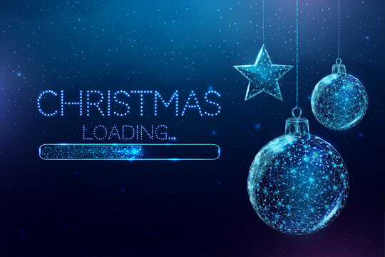 Wireframe Christmas toys and loading bar, low poly style. Merry Christmas and New Year banner. Abstract modern 3d vector illustration on blue background.
