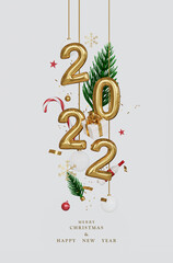 Fototapeta na wymiar Happy New Year 2022. Celebrate party 2022, Merry Christmas, Golden Number, Web Poster, banner, cover card, layout design. 3D Rendering.