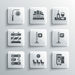 Fototapeta premium Set Waiting room, Toilet the train car, Cafe and restaurant location, Road traffic signpost, Broken rails railway, End of tracks, Train station clock and Wine bottle with glass icon. Vector
