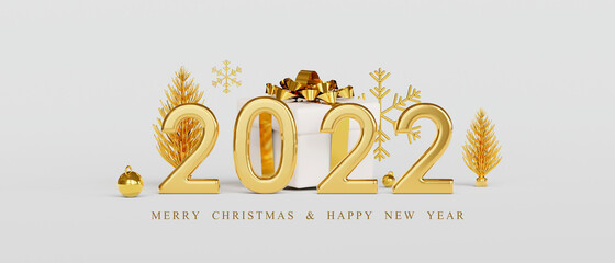 Fototapeta Happy New Year 2022. Celebrate party 2022, Merry Christmas, Golden Number, Web Poster, banner, cover card, layout design. 3D Rendering. obraz